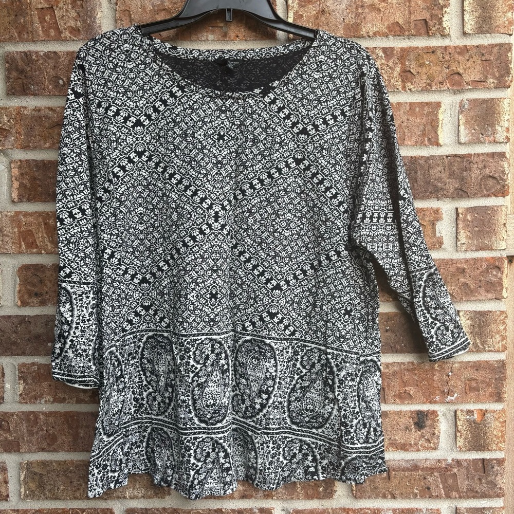Lucky Brand Boho Tunic Top 3/4 Sleeve Floral Paisley Print Stretch